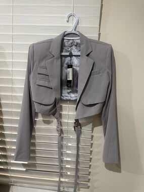 Club L London Cropped Light Gray Blazer with Front Straps